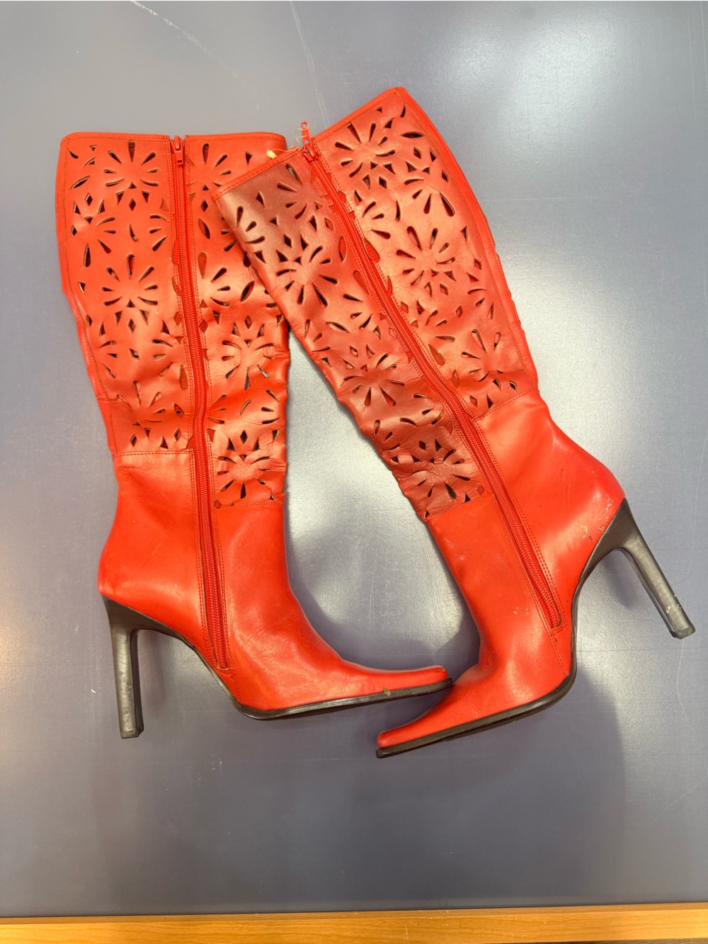 Red Laser-Cut Mid-Calf Heeled Boots